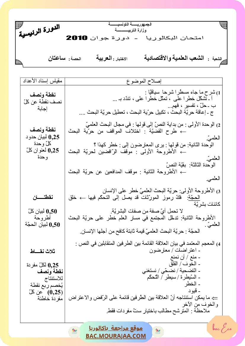 Corrigé principale arabe Bac 2010 – Section eco